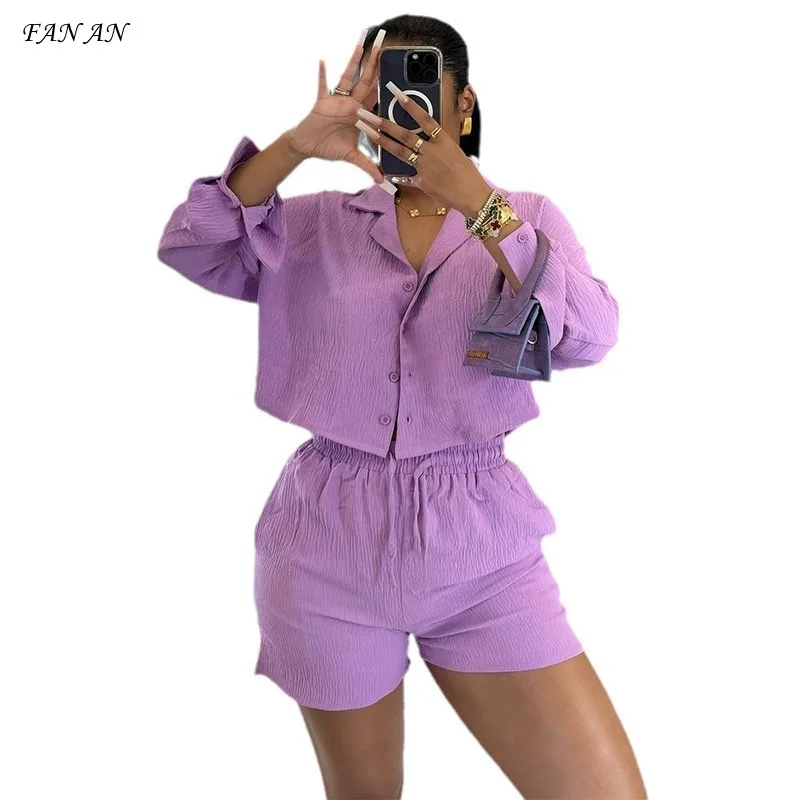 

Autumn Sweet and Fresh Suit Collar Long Sleeved Shirt High Waisted Drawstring Shorts Casual Suit for Women Commuting Versatile