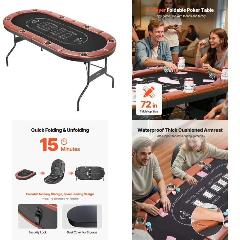 Foldable Poker Table for 8 Players Brown Oval Gaming Table with Padded Rails Cup Holders Portable Home Casino Use