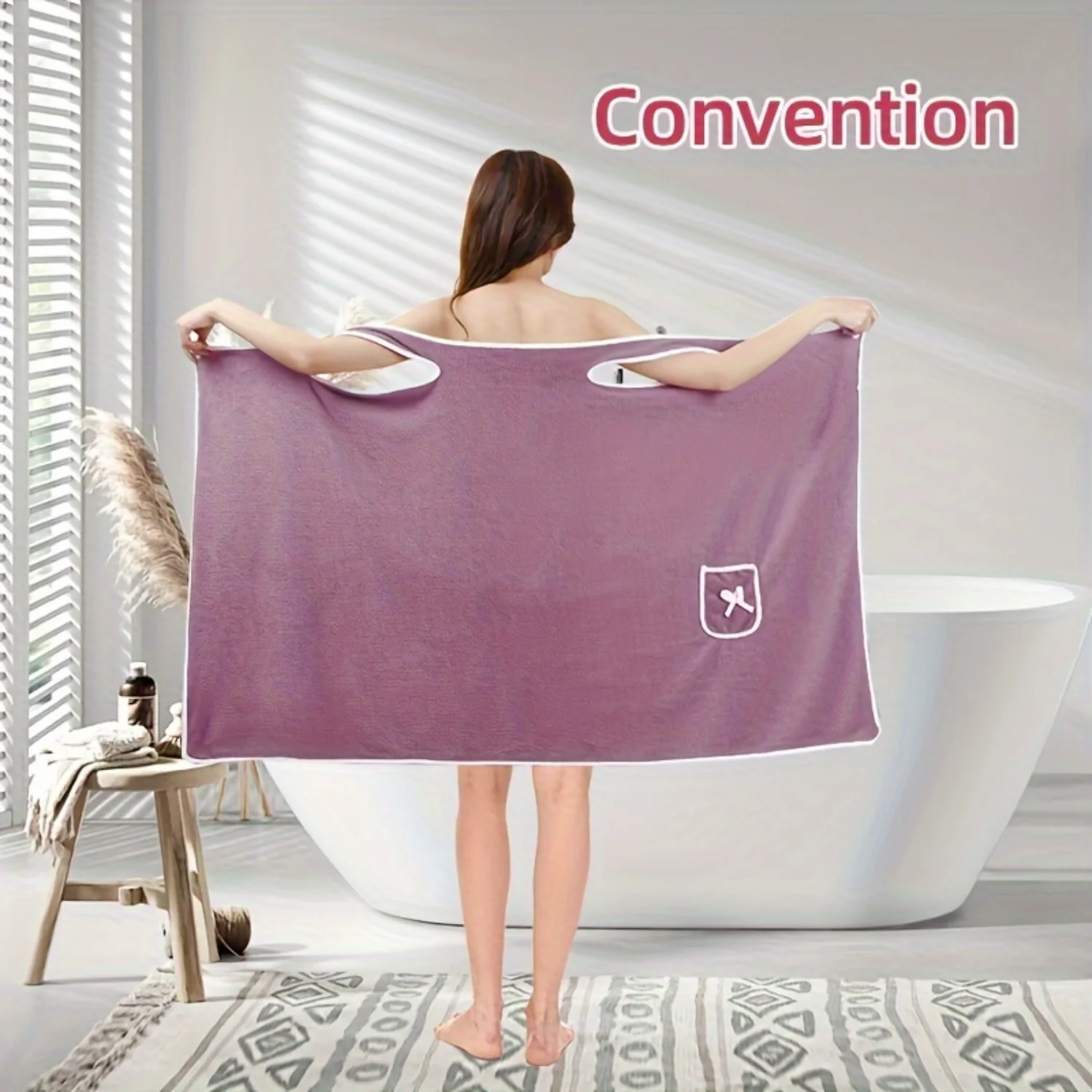 

Bow Coral Velvet Shower Skirt Adult, Wearable Bath Towel, Absorbing Quick-Dry Bathrobe with Pocket, Bow Trim Bath Wrap Towel, B