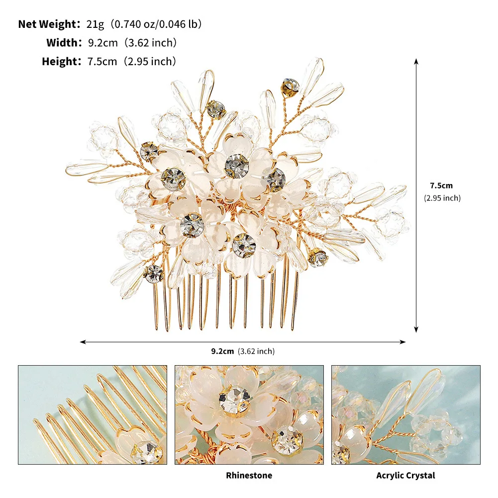 Hair Comb Crystal Flower Beaded Rhinestone Wedding Banquet Photoshoot Updo Accessory Handmade One Size view 6
