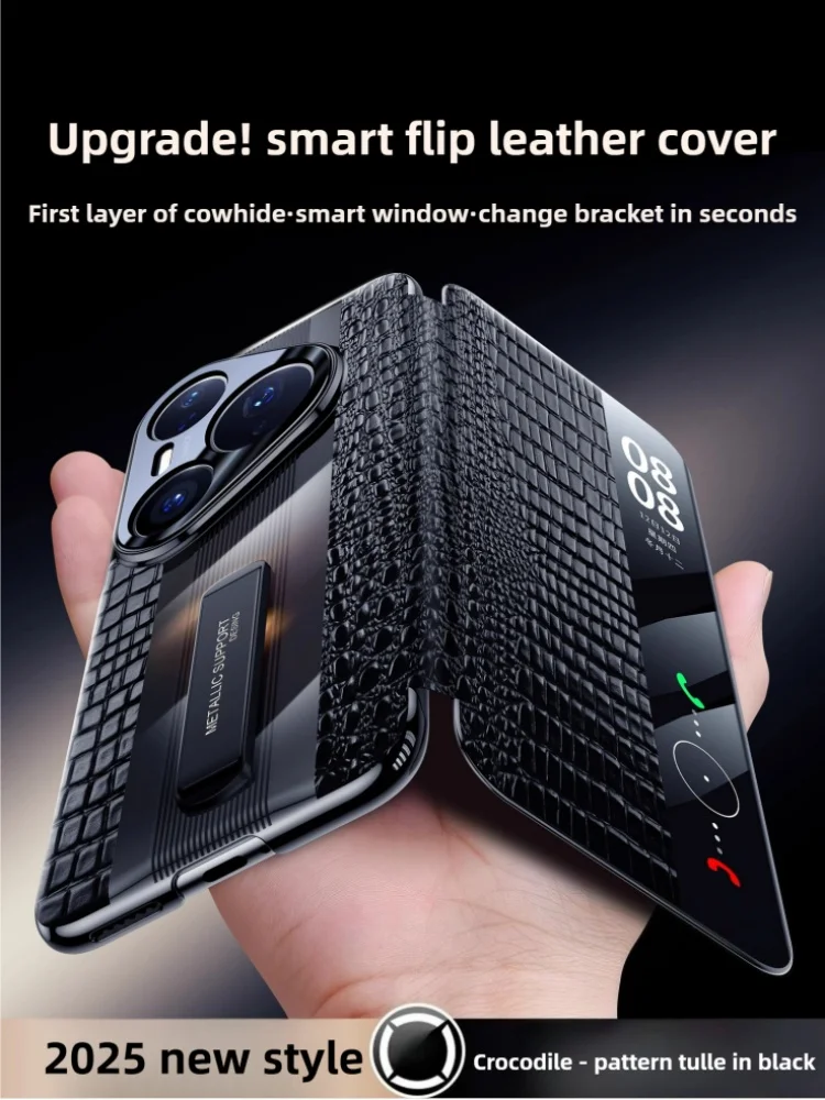 Flip Cover with Stand for Huawei Pura 80 Ultra Case Crocodile,Lychee Pattern Smart Window Genuine Leather Case for Pura70 Ultra
