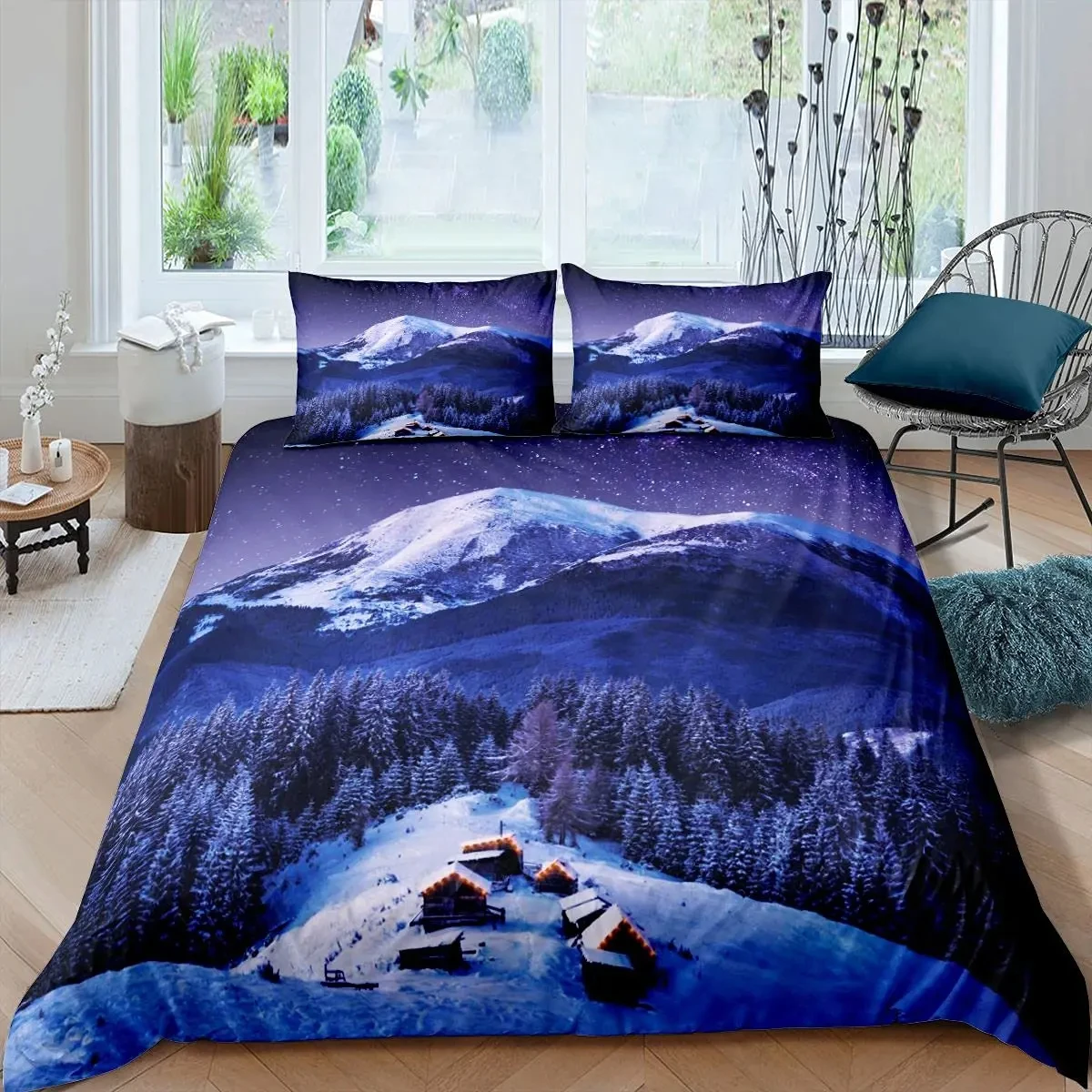 White Snow Mountain Duvet Cover Set Winter Landscape Bedding Set for Teen Adults Natural Scenery Comforter Cover Twin Queen Size