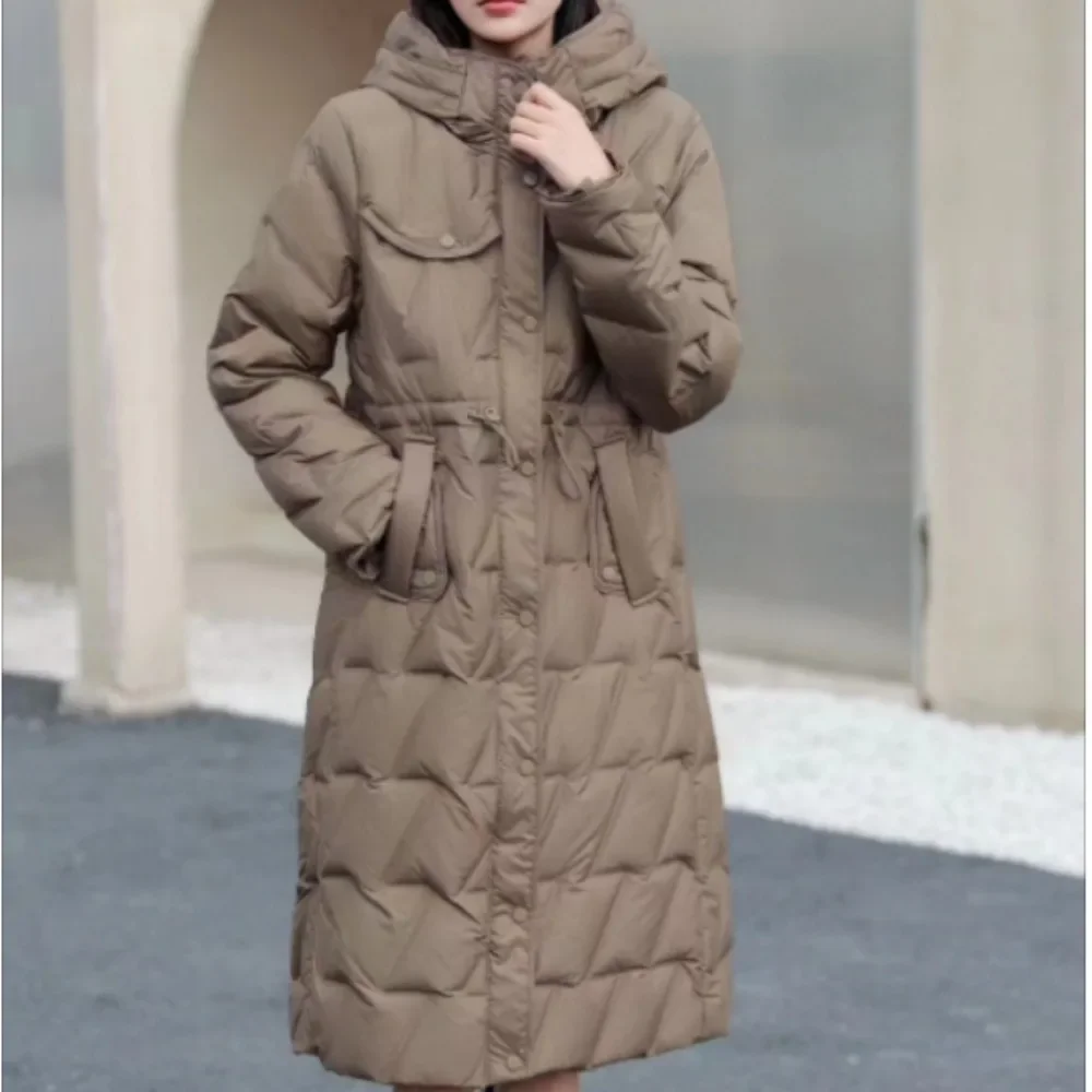 Lange Damen-Daunenjacke für Damen, 2025, Herbst und Winter, neuer Knie, schlanker warmer Mantel, Kapuze, Taille, lässiger Parker-Mantel, Street Fashion