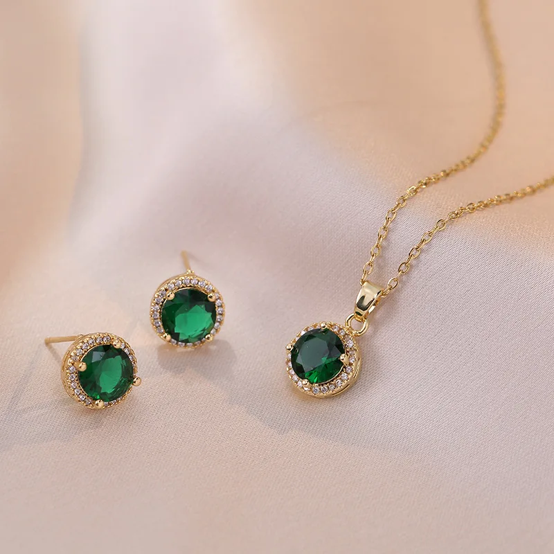 Bridal Green Stone Round Stud Earrings and Pendant Necklaces For Women Gold Color Zircon Wedding Birthday Party Jewlery Sets