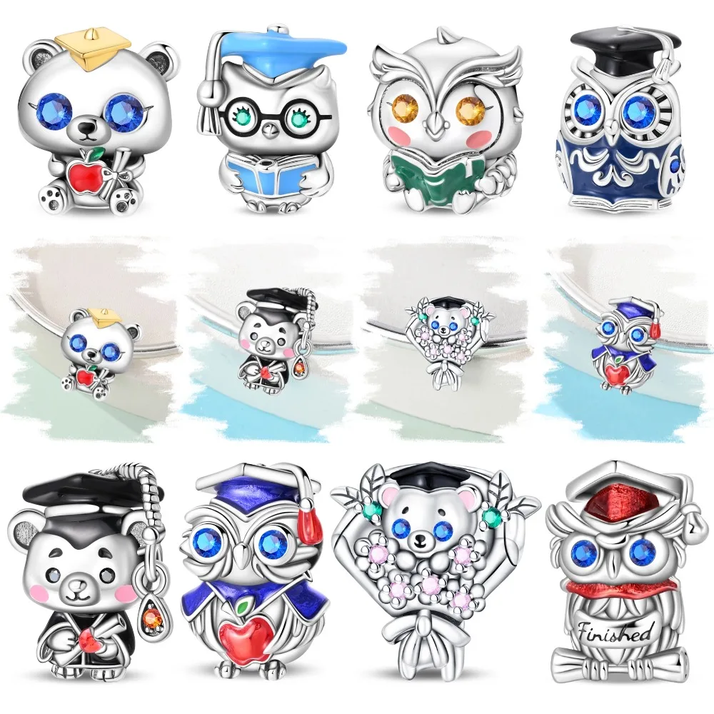 925 Sterling Silver Wisdom Owl Graduation Cap Charms Bead Fit Original Bracelet Diy Jewelry Making Gift For Family Friend