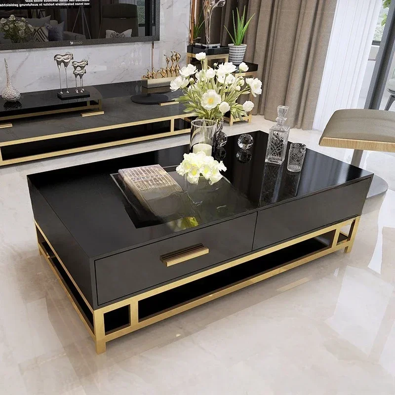 Simple post-modern solid wood coffee table furniture, wrought iron loft living room stainless steel square glass surface tea tab