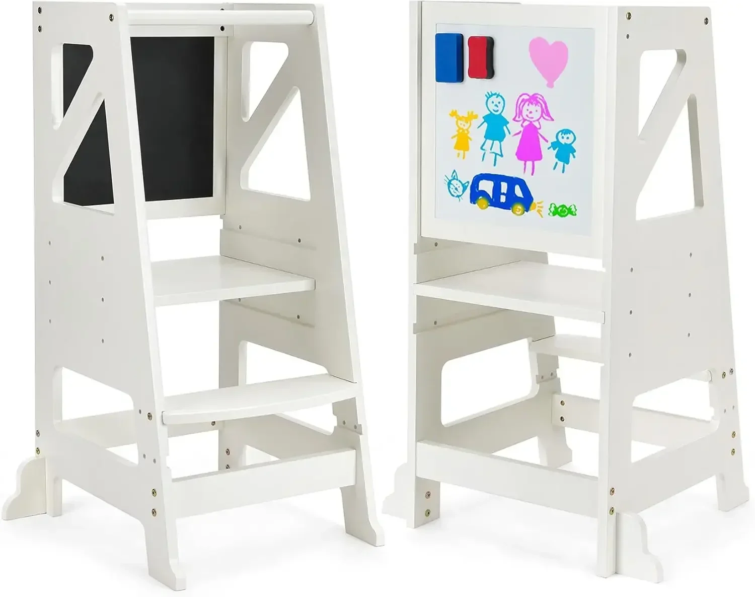 Toddler Kitchen Stool Helper Tower Kitchen Helper Step Stool with Message Boards Safty Rail-Adjustable