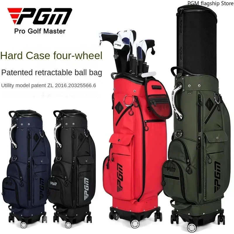 PGM Golf Bag Men's and Women's Hard Shell Retractable Bag Four-wheel Flat Push Waterproof Double Ball Bag Cap Upside Down Clubs