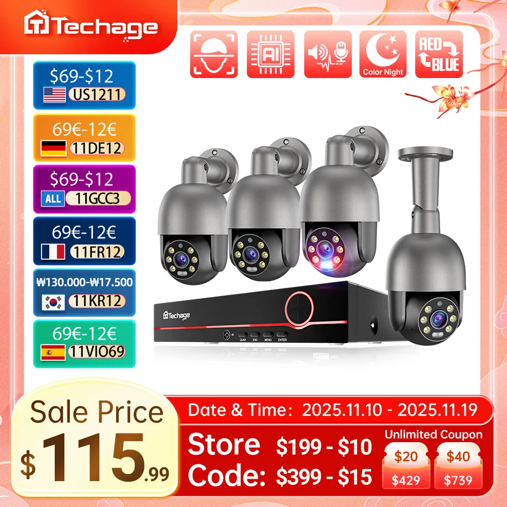 Techage UHD 8CH 4K PTZ POE Security Camera System 2K 5MP Color Night Vision CCTV Video Surveillance Protection Kit Human Detect