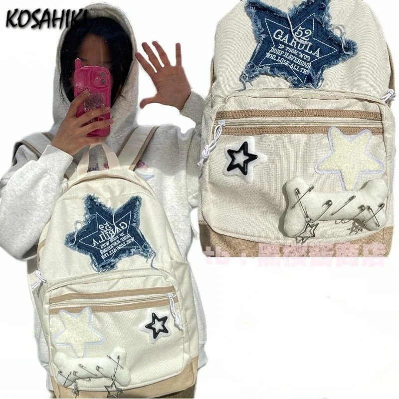 Vintage Fashion Denim Letter Star Backpacks Sweet Casual Korean Schoolbag Y2k Aesthetic Contrast Color All Match Backpack Women