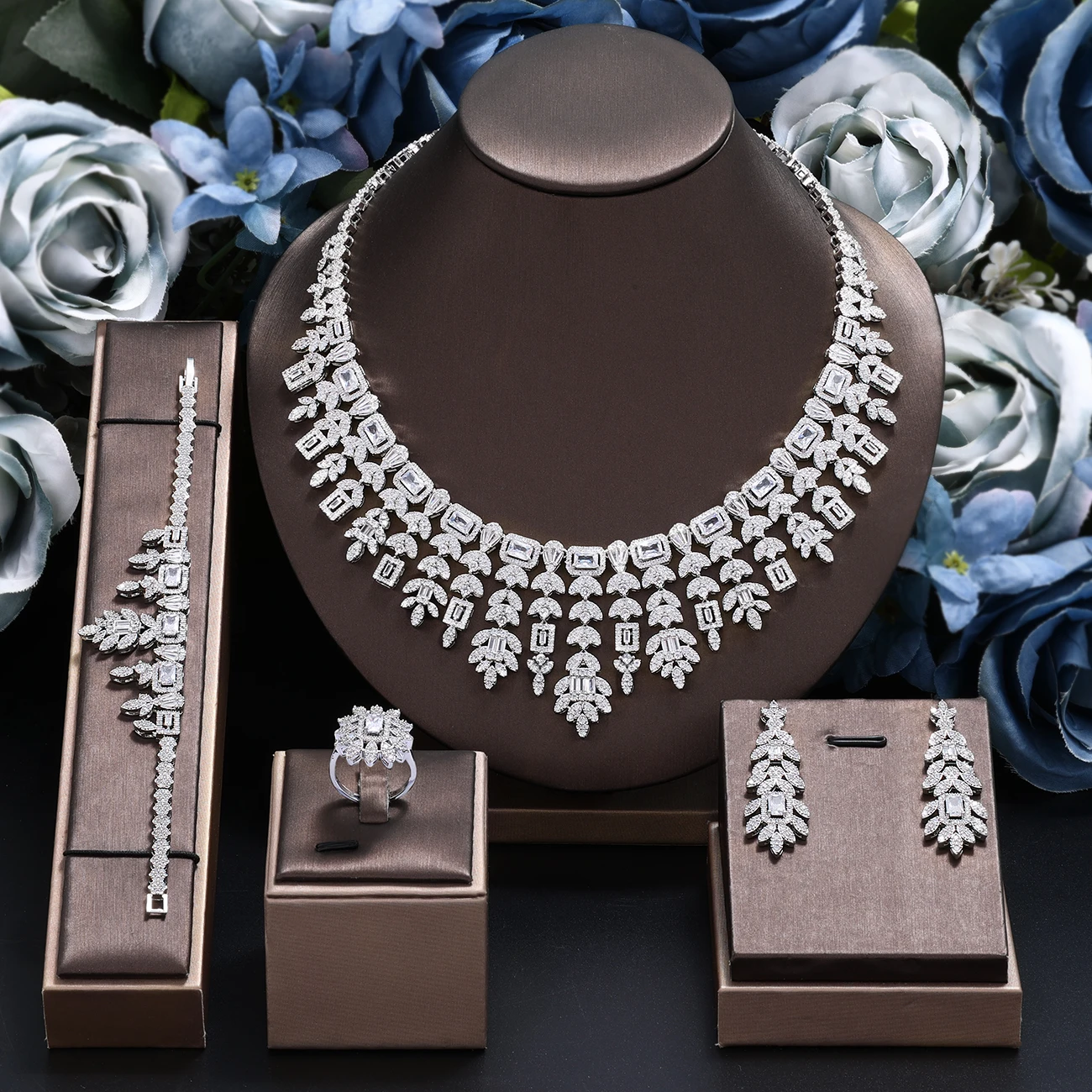 

Nigeria 4pcs Bridal Zirconia Jewelry Sets For Women Party, Luxury Dubai Nigeria platinum plating CZ Crystal Wedding Jewelry Sets