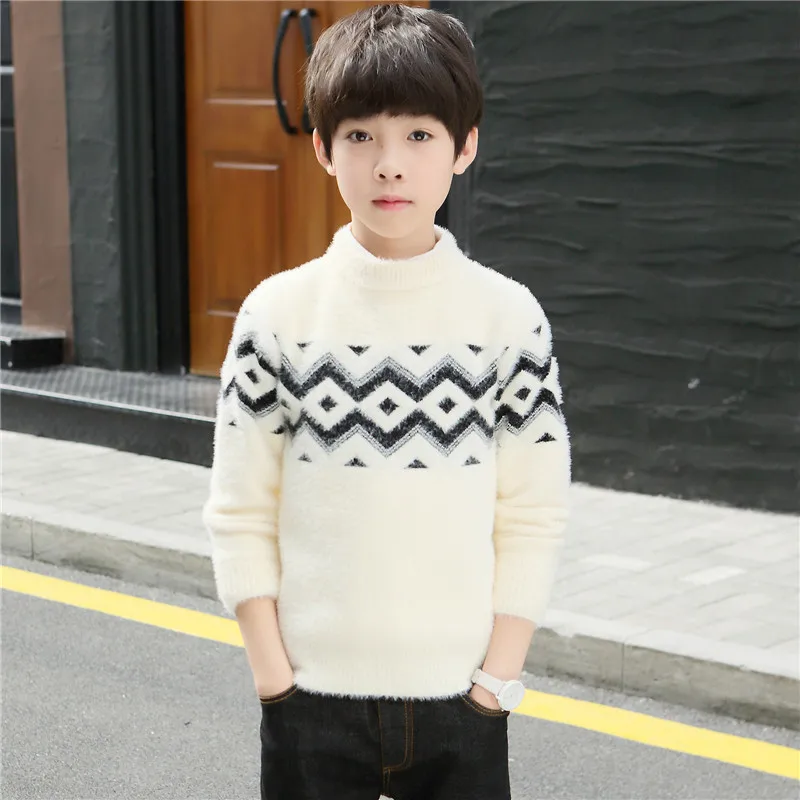 Boy Pullover Plush Thickend Warm Sweater New Autumn Winter Children\'s Knit Sweater O-Neck Stripe Full Sleeve Knitwear 3-14T