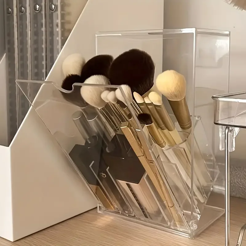 Large Capacity Clear Makeup Brush Storage Box with Front Flap Lid Acrylic Cosmetic Organizer for Brushes and Beauty Tools