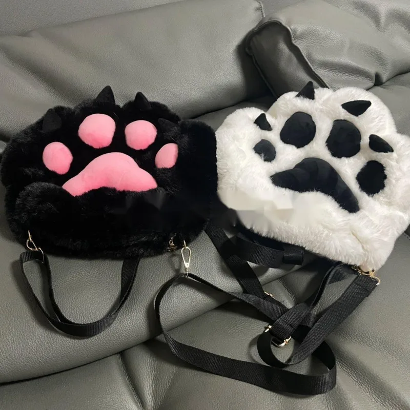 Cat Paw Shape Plush Knapsacks Fashion Versatile Large Capacity Women's Makeup Bag Cartoon Cute Black Or White Available Backpack