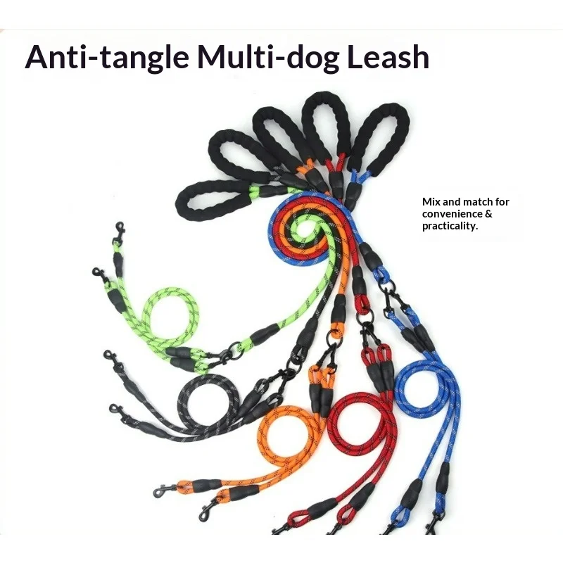 Nylon Weave Three Heads One Drag Three Dog Leash Round Rope Pet Traction Belt Dog Chain Strong Safety Dogs Lead Foam Handle - view 2