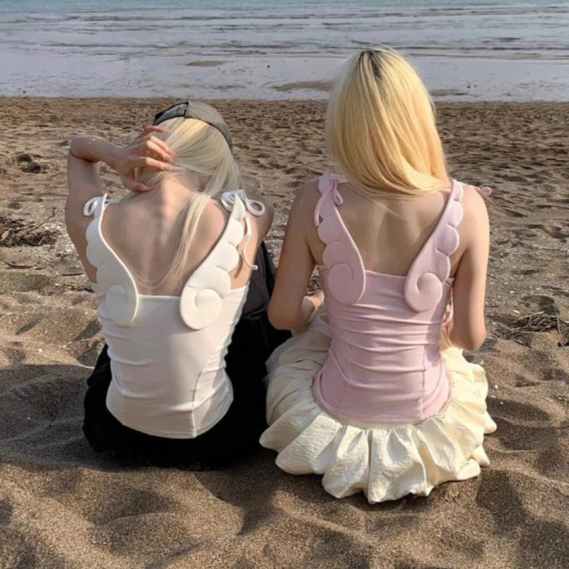 Women Cute Angel Wings Backless Strap Tank Top American Style Tops Camisole Versatile Outerwear Top Fashion Summer Sexy Vest