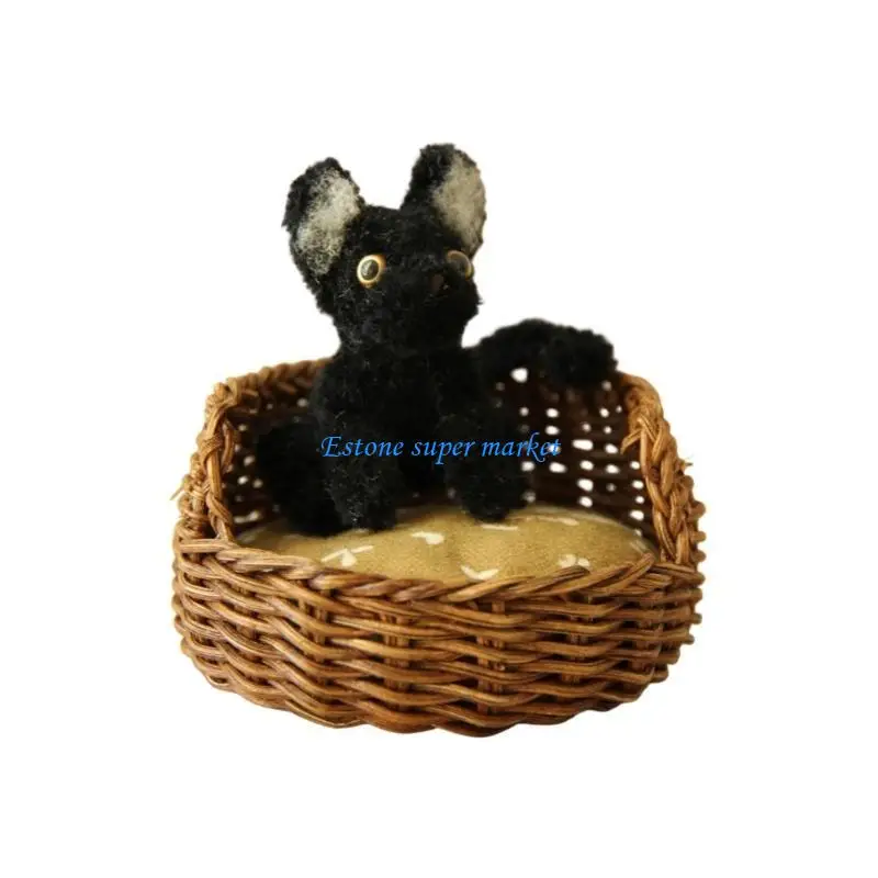 

090B Miniature Dollhouses Pet Rattan Bed Set 1/12 Scale Realistic Pet Accessories for Creative Play and Collectors