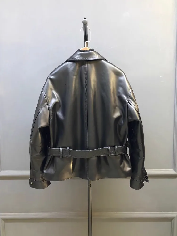 Giacca da ufficio in vera pelle da donna stile britannico monopetto con telai punk giacca a vento corta nuovo cappotto di pelle di pecora nera da donna