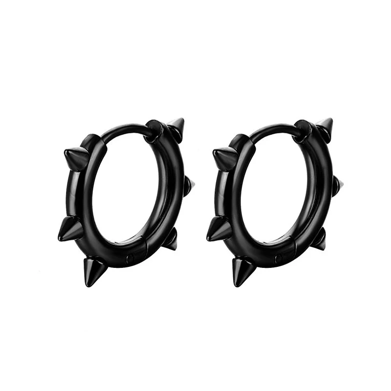 WKOUD 1 Pair Stainless Steel Spike Circle Huggie Hinged Hoop Earrings Men Women Gothic Rock Hiphop Triangle Cone Hoop Earrings