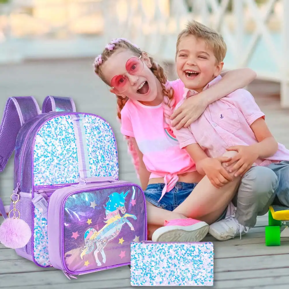 3PCS Unicorn Backpack, 16”Kids Sequin Bookbag for Girls with Lunch Box, School Bag for Elementary Toddler