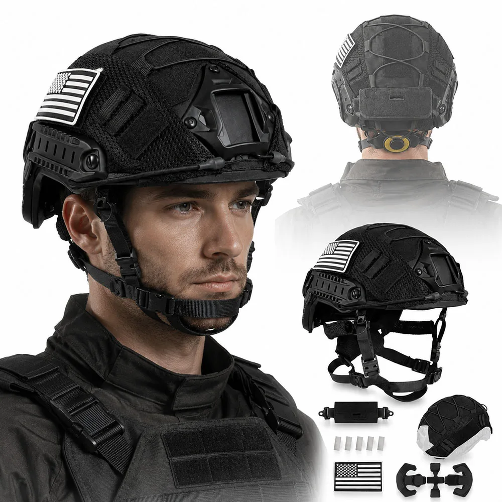 Tactical FAST Helmet Set Adjustable Protective PJ Helmet with Counterweight Pouch Helmet Cover Airsoft CS Cosplay Hunting Props