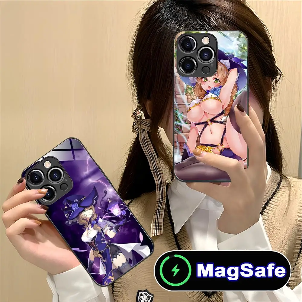 

Чехол для телефона Genshin Impact Lisa для iPhone 16, 15, 14, 13, 12, 11 Pro Max Plus Mini MagSafe, стеклянный цветной принт, смартфон, красивый