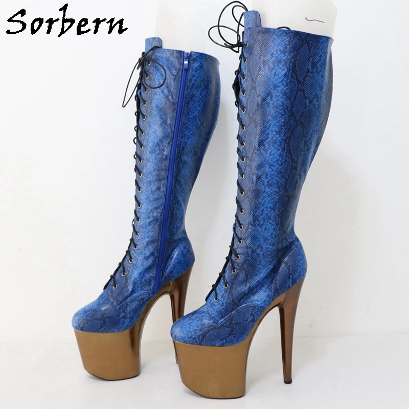 Sorbern Retro Python Knee High Boots Women Lace Up Stripper High Heel Brozen 20Cm Platform Shoes Custom Fetish Drag Queen Shoe