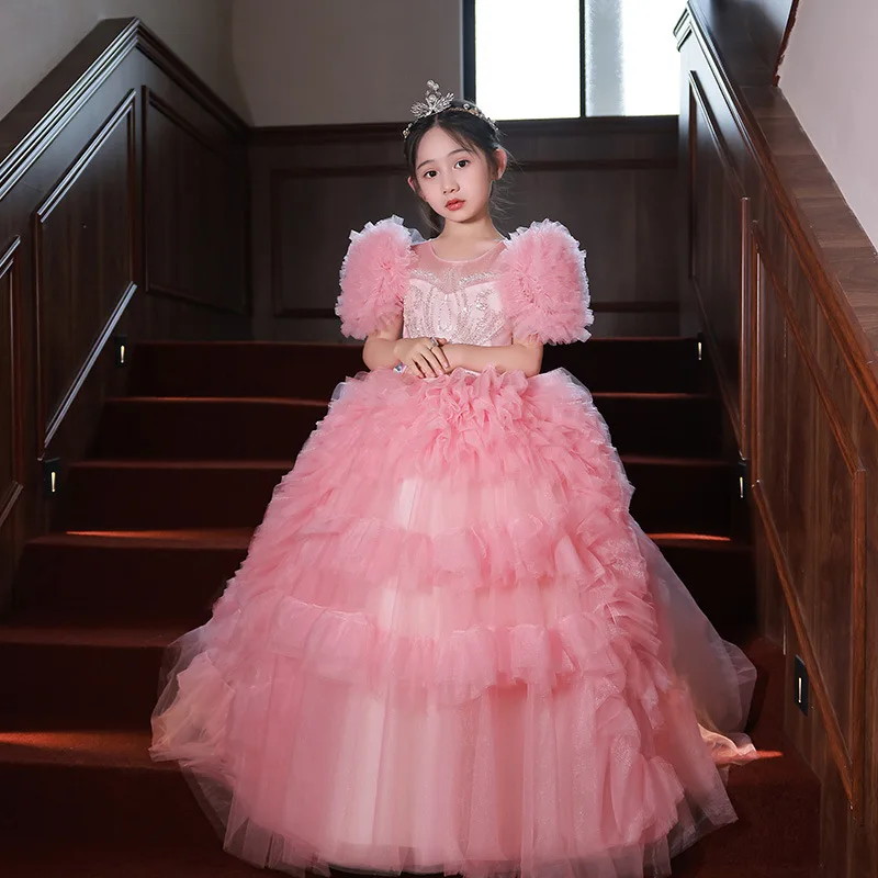 

Sweet Pink Flower Girls Evening Dresses Exquisite Puff Sleeve Bead Appliques Mesh Prom Gown 3-12Y Kids Birthday Party Vestidos