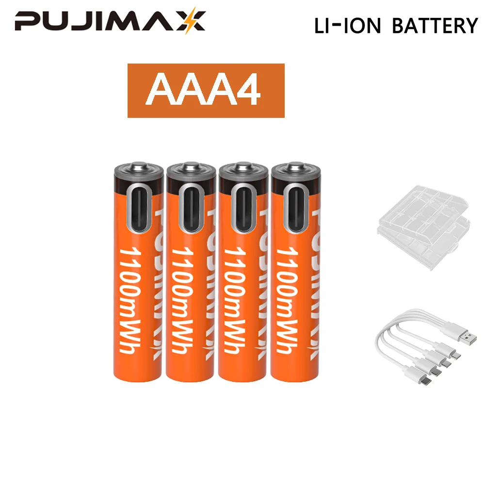 PUJIMAX 1,5 V AA en AAA oplaadbare lithiumbatterij 3400 mWh/1100 mWh, Type-C-poort Opladen worden hergebruikt 1500 keer voor wekkers