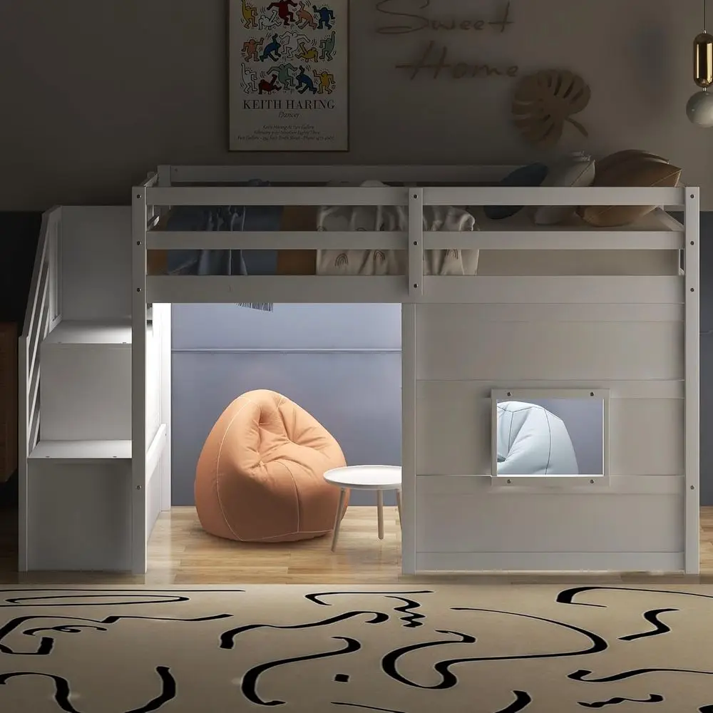 

Low Loft Bed with Stairs, Shelves, LED Light, Playhouse Design, Guardrails, and Storage Space for Kids