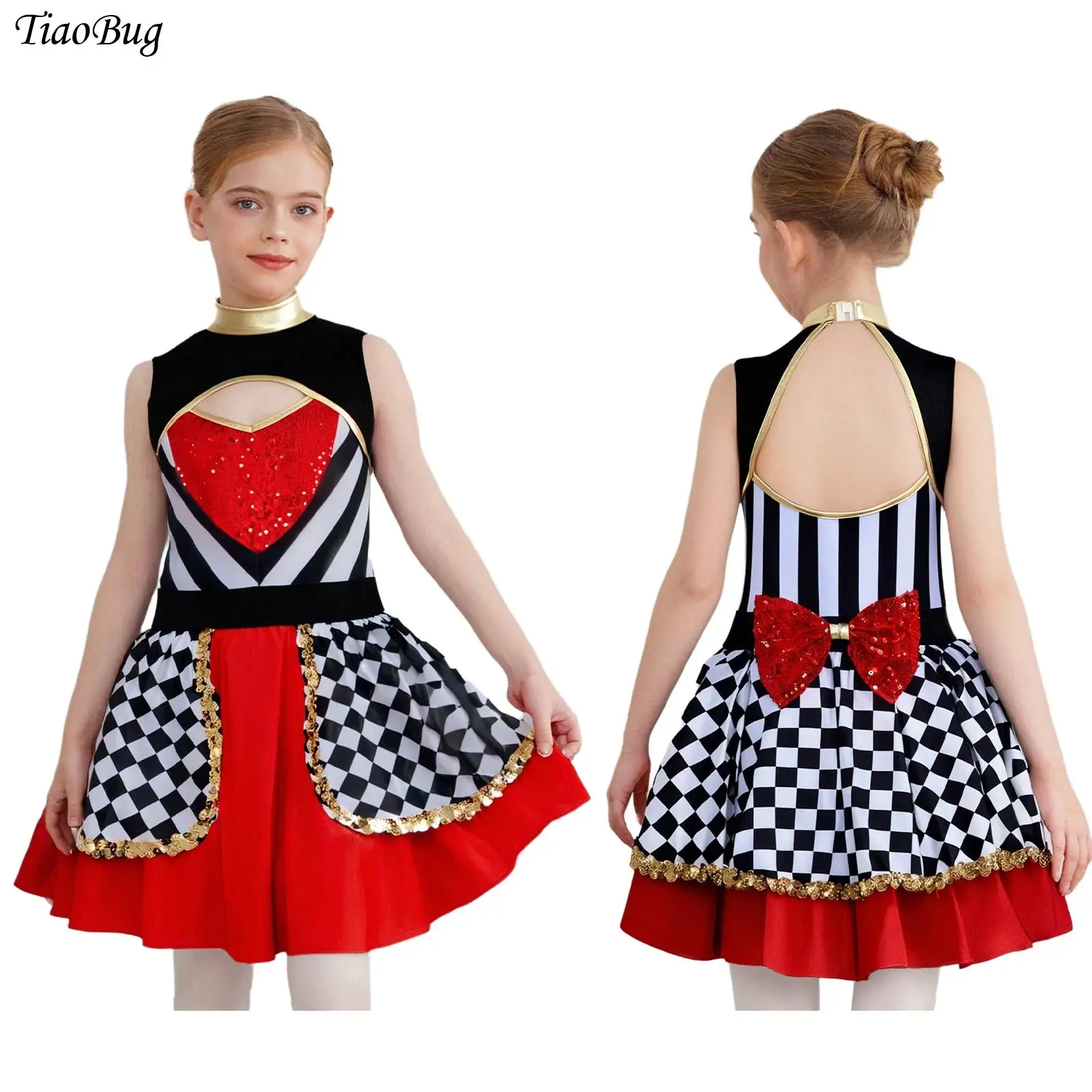 

Girls Wonderland Cosplay Heart Queen Dress Sleeveless Puffy Sequin Leotard Tutu Dress for Halloween Circus Ringmaster