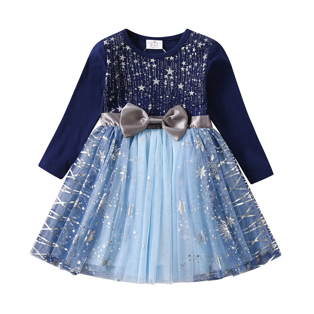 VIKITA Girls Christmas New Year Party Gift Dress with Bowknot Kids Star Snowflakes Print Navy Blue Autumn Winter Princess Dress