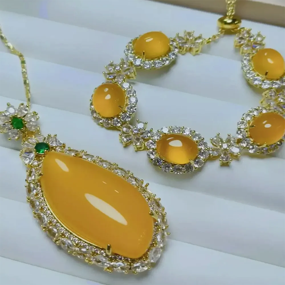 

Topaz pendant necklace and bracelet luxury jade jewelry set