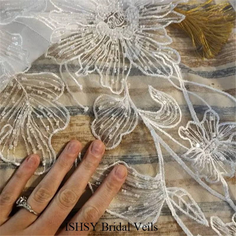 فريدة من نوعها مطرز سباركلي الزفاف الحجاب الزهور الكبيرة الزهور الساطعة كاتدرائية طويلة الأبيض العاجي تول للعرائس #6