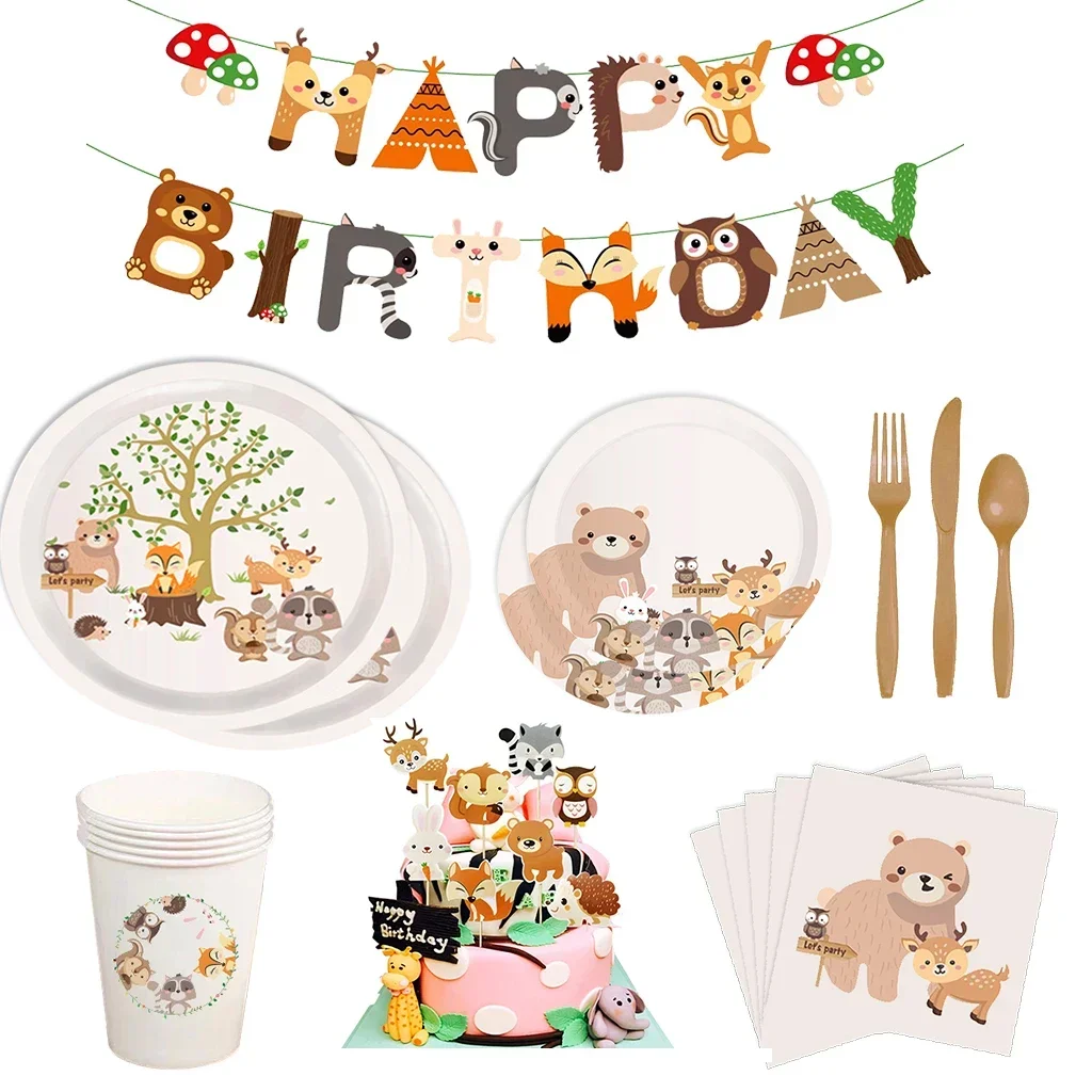 8Guests Woodland Animal Disposable Tableware Wild Forest Bear Fox Plate Napkin Safari Happy Birthday Party Decor Kid Boy Girl