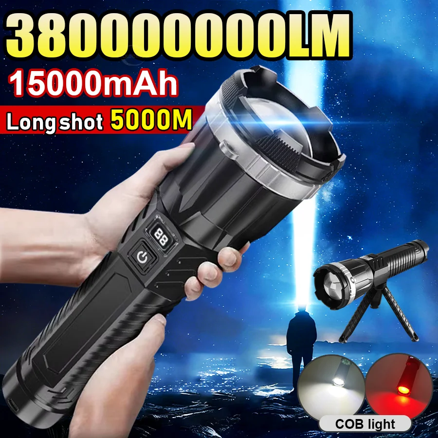 Most Poweful LED Flashlight 3800000LM Strong Light Torch Rechargeable Lamp High Power Long Shot 5km Tactical Flashlights Camping