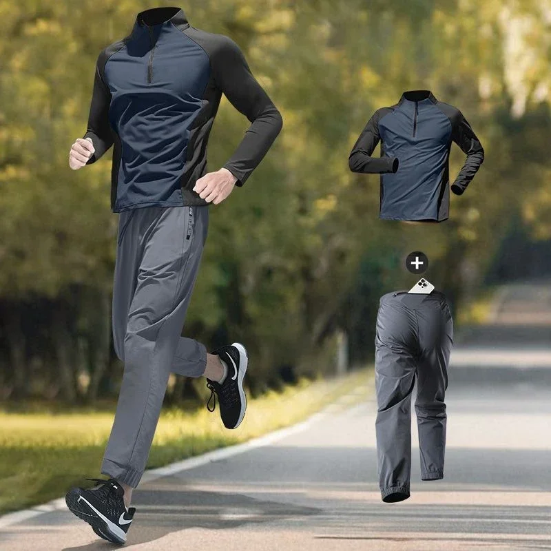 Men's Marathon Running Set Quick-Dry Autumn Winter Long Sleeve Training Top Pants Fitness with Phone Pocket Men's Sportswear Set