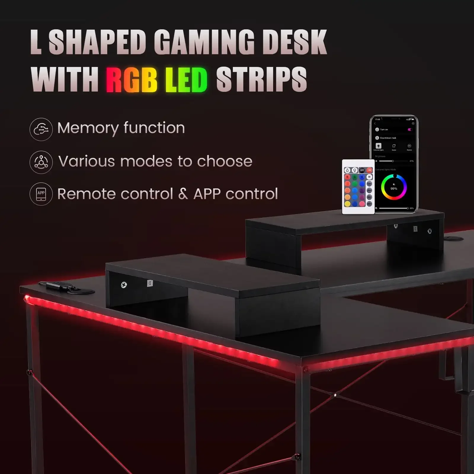 L-Shaped Gaming Table with RGB Light and Removable Storage Shelve for All Age , Black