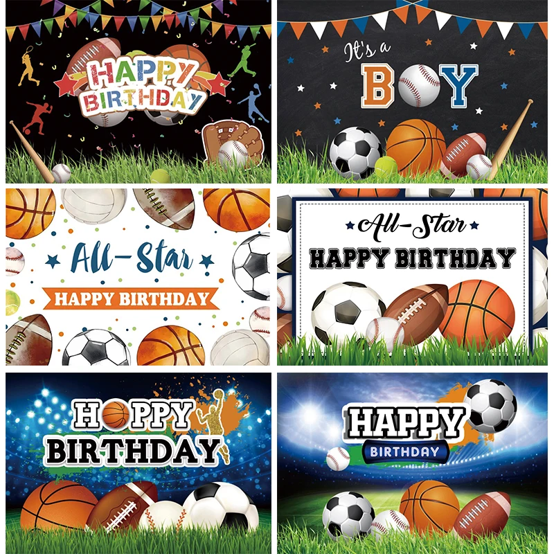 

Happy Birthday Soccer Sports Backdrop Football Basketball Theme Its A Boy Decoration Shower Party Banner Background Photography