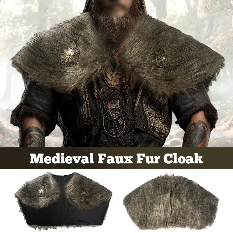 

Men Medieval Faux Fur Cape Shoulder Collar King Warrior Fur Cloak Shawl Retro Medieval Dress Up Halloween Cosplay Shoulder Cloak