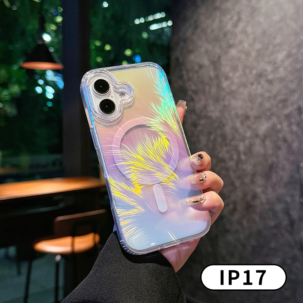 iPhone17 Pro Max/17 Air用Magsafe対応ケース、落下防止防水、オーロラグラデーションフェザー、マグネット式カラフルレーザーカバー