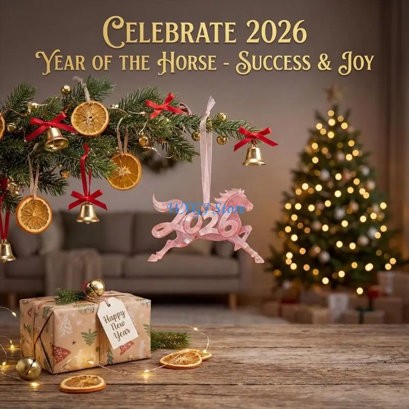 

37JE 2026 Year of The Horses Lucky Horse Figurine with Card Acrylic Hanging for Car Home Office Decoration