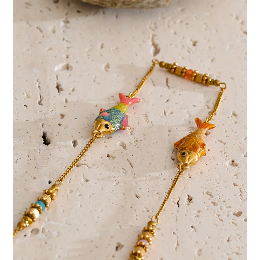 Yhpup 90+5cm Ocean Series Stainless Steel Enamel Fish Chain Long Necklace That Goes Down The Chest Summer Vacation Jewelry