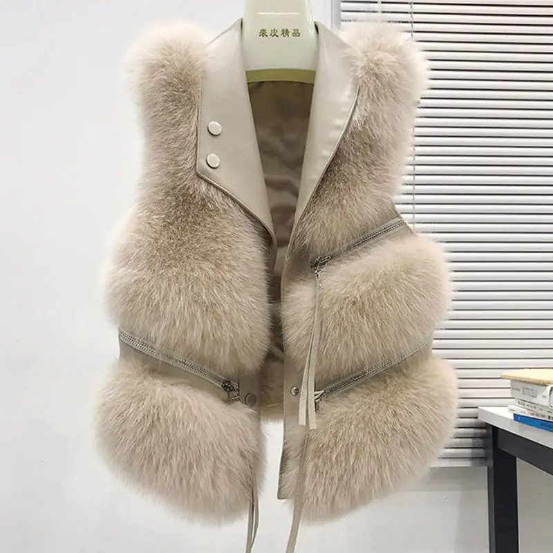 Winter Mink Fur Faux Leather Stitching Waistcoat Imitation Fox Fur Splice Zipper Vest Turn Down Collar Sleeveless PU Jacket Tops