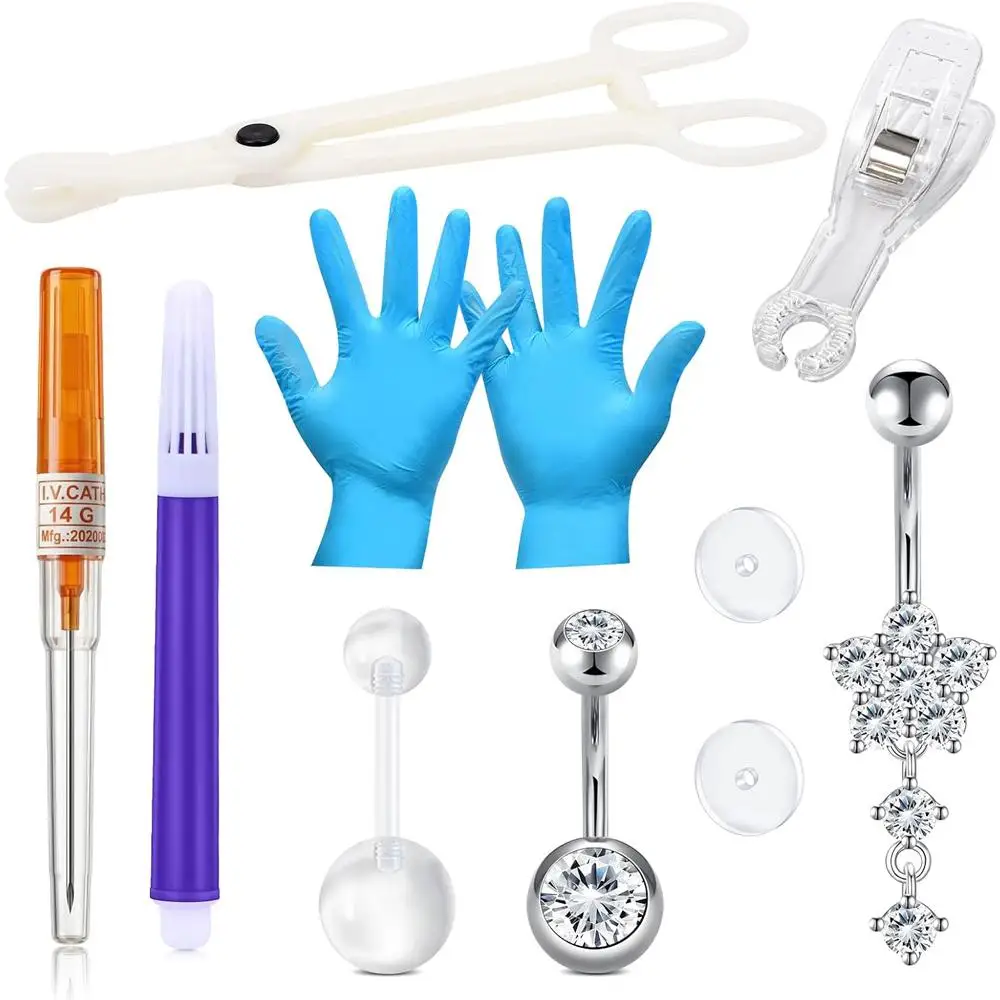 1/11Pcs Set Belly Button Piercing Kit Complete Navel Piercing with Silicone Discs and Single Use Tools Includes Clear Retainer