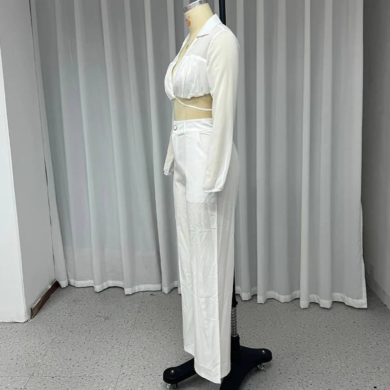 Waytobele, conjunto de dos piezas para mujer, moda Sexy de verano, sólido, manga larga, solapa, transparente, cruzado, con cordones, Top, conjuntos de pantalones sueltos