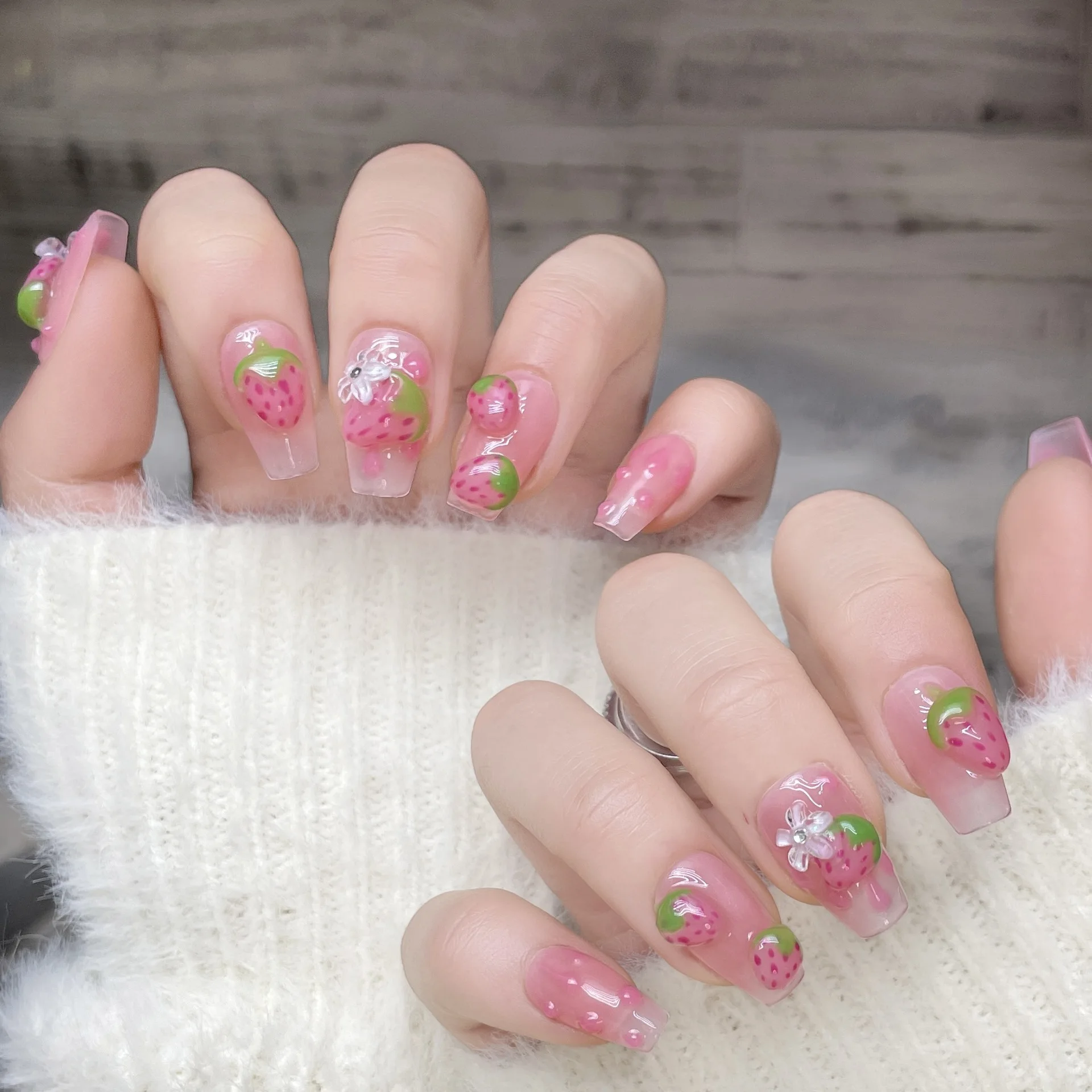 Uñas postizas hechas a mano para mujer, uñas postizas con diseño de fresa Rosa 3D, decoración de uñas de manicura coreana, 10 piezas