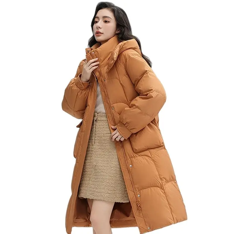 

Winter Duck Duck 2023 New Female Fashion Hooded Down Temperament Long Warm Solid Color 90 Velvet Warm Loose Coat Female。