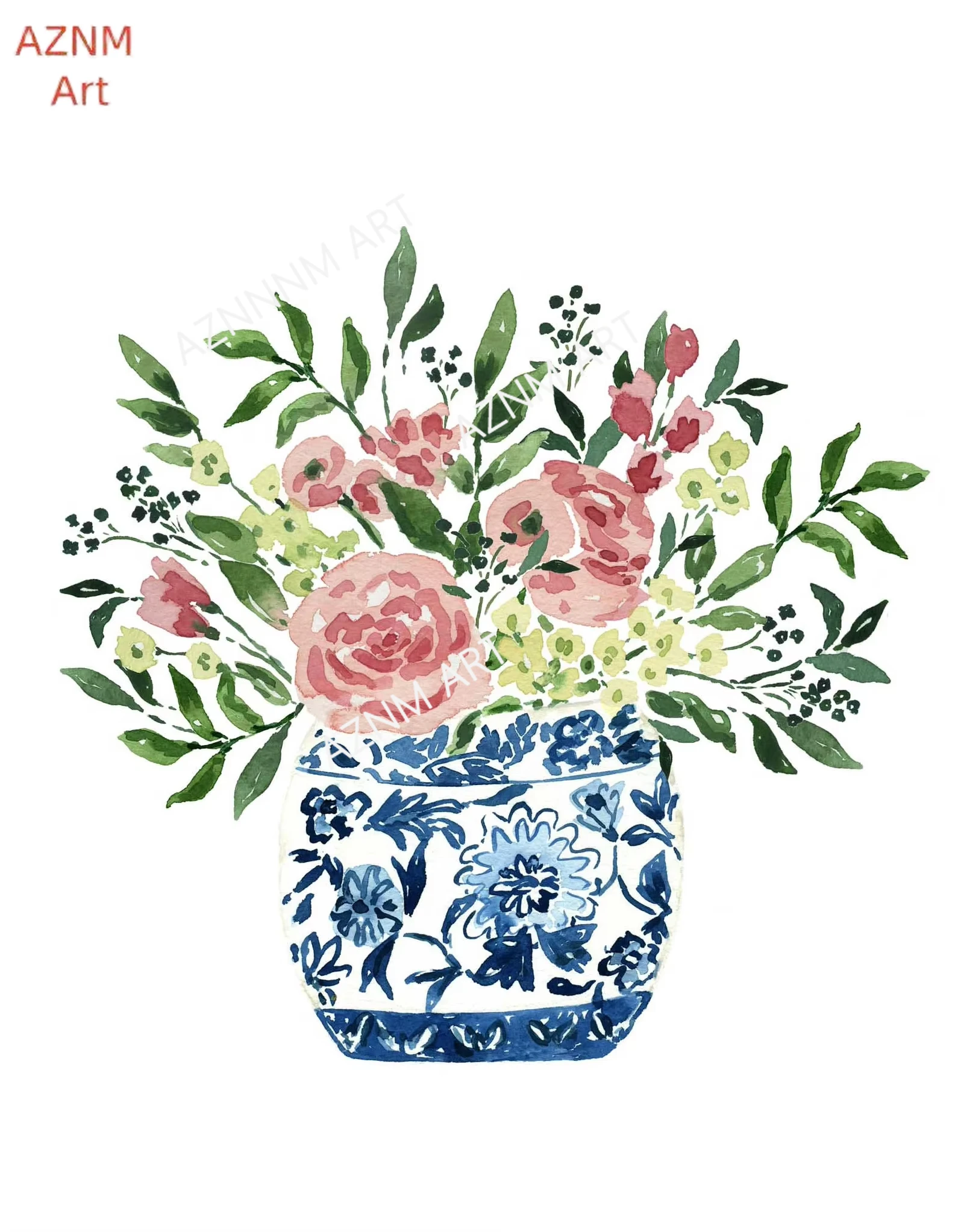 Watercolor Blue and White China Vase Flowers Bouquet Planter Floral Ginger Jar Poster Canvas Printing Wall Art Room Home Deco