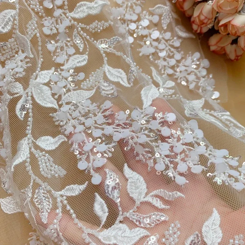New White Forest Leaves, Beaded Lace Fabric, Large Flowers, Handmade DIY Wedding Dress Background Decoration Accessories